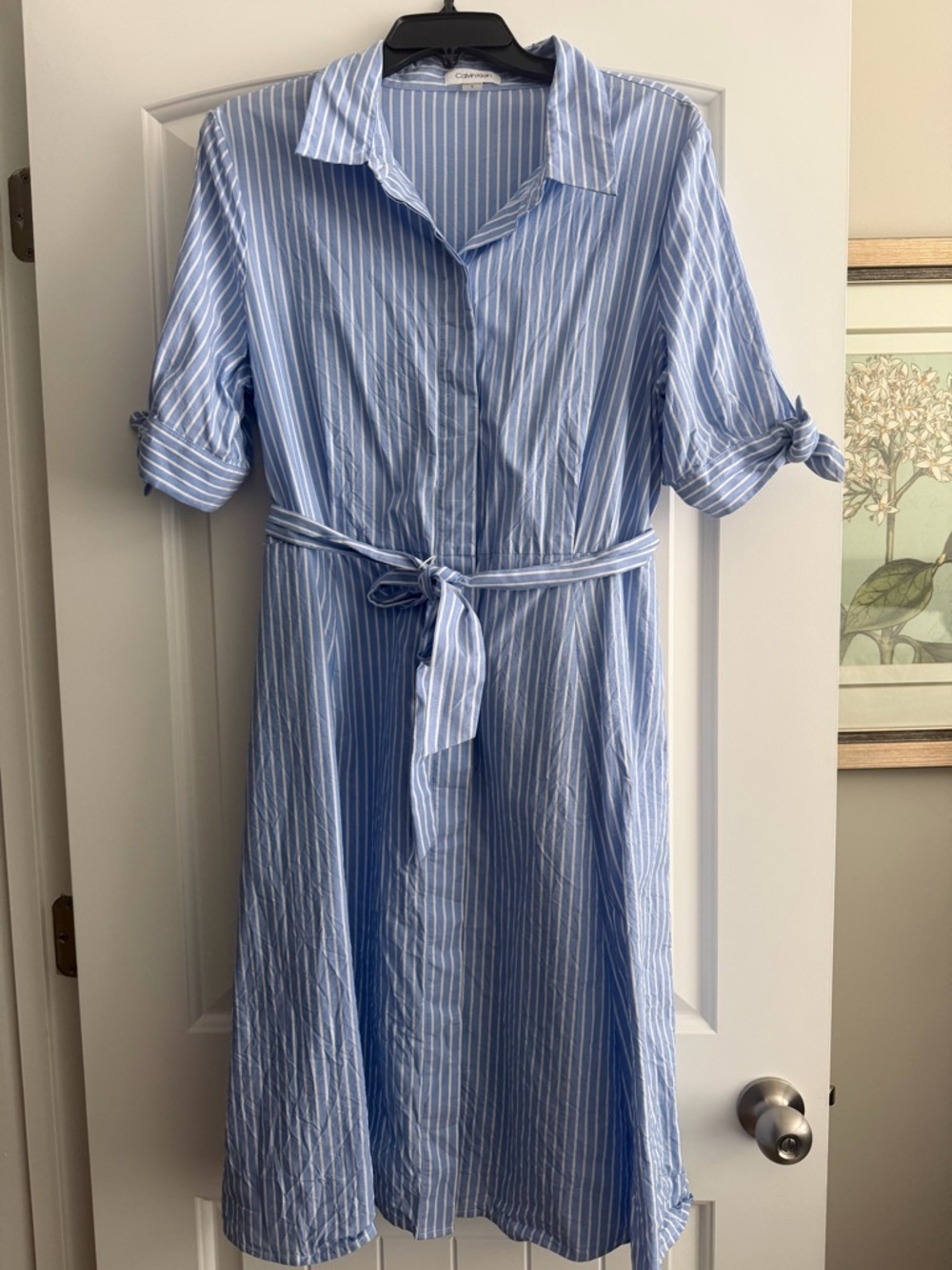 Calvin Klein Light Blue & White Striped Midi Shirt Dress